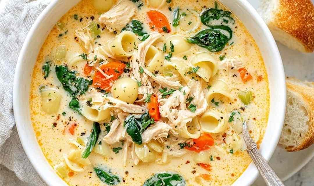 Creamy Chicken Soup with Pasta and Spinach