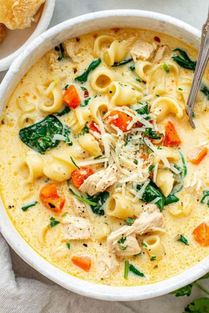 : Overhead view of a bowl of creamy chicken soup with pasta and spinach garnished with freshly grated parmesan cheese