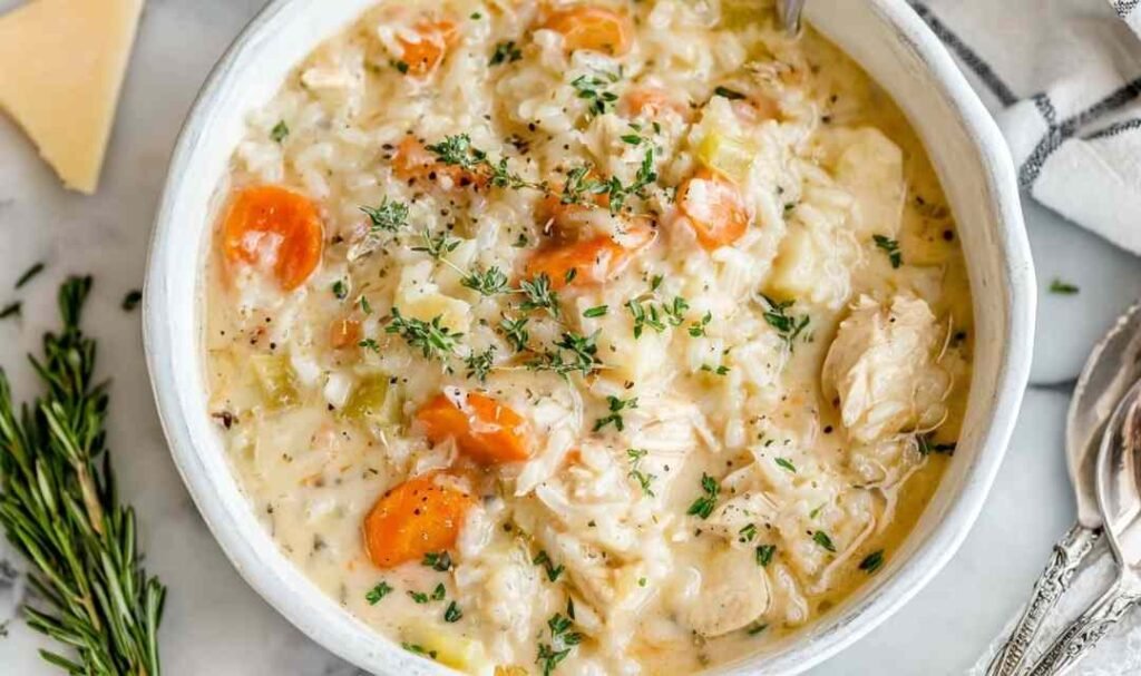 Bowl of creamy chicken and rice soup garnished with parmesan cheese and fresh parsley