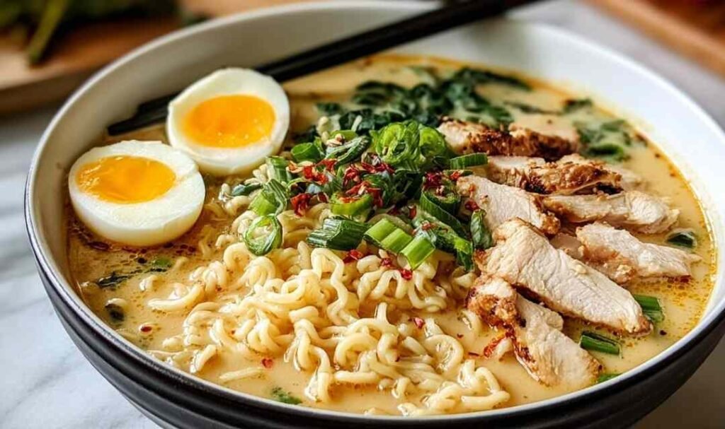 A bowl of creamy garlic chicken ramen topped with sliced chicken breast, green onions, and fresh cilantro