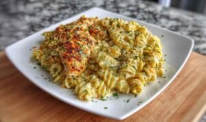 Creamy Garlic Parmesan Chicken Pasta Creamy garlic Parmesan chicken pasta with golden chicken pieces and fusilli noodles in rich cream sauce in large skillet
