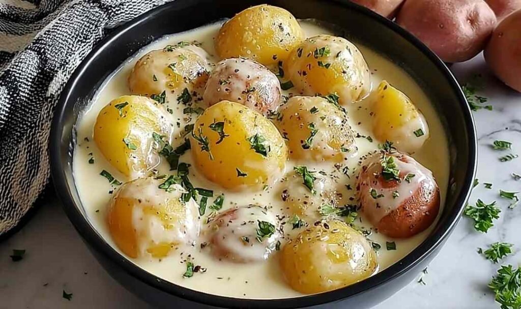 Creamy garlic sauce potatoes in a skillet with thick Parmesan garlic cream sauce, tender Yukon Gold potato cubes, and fresh parsley garnish