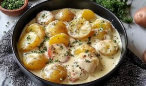 Creamy garlic sauce potatoes in a skillet with thick Parmesan garlic cream sauce, tender Yukon Gold potato cubes, and fresh parsley garnish