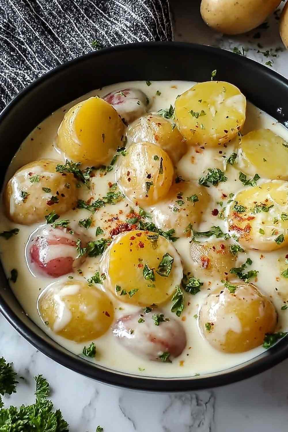Creamy garlic sauce potatoes in a skillet with thick Parmesan garlic cream sauce, tender Yukon Gold potato cubes, and fresh parsley garnish