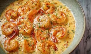 Creamy Garlic Shrimp Creamy garlic shrimp in a large skillet with thick Parmesan cream sauce and fresh chopped parsley