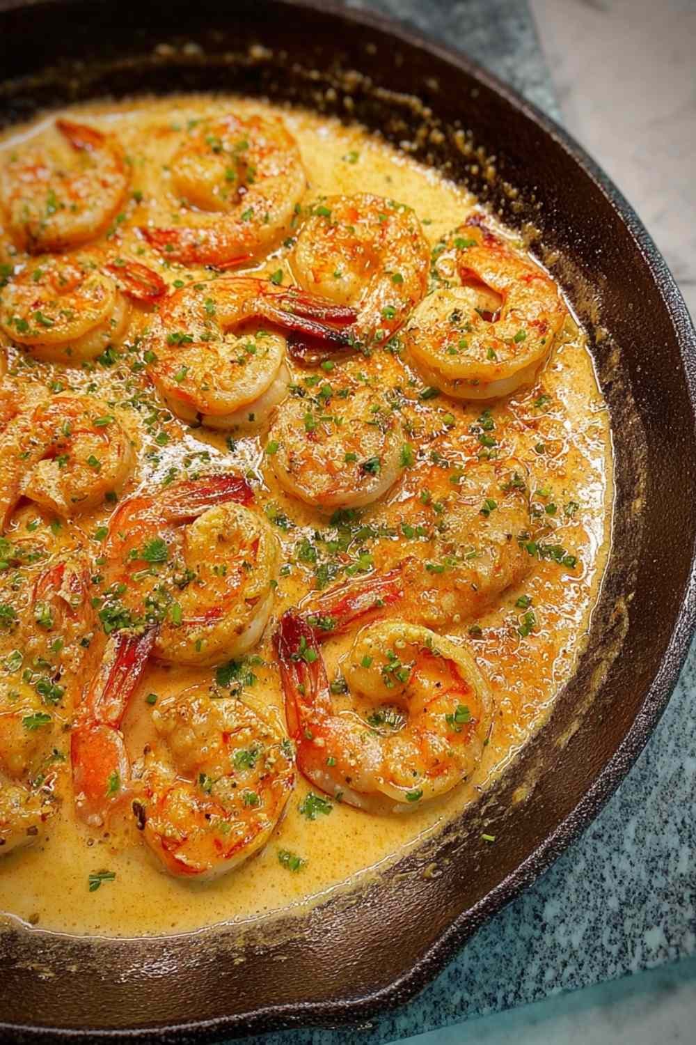 Creamy garlic shrimp in a large skillet with thick Parmesan cream sauce and fresh chopped parsley