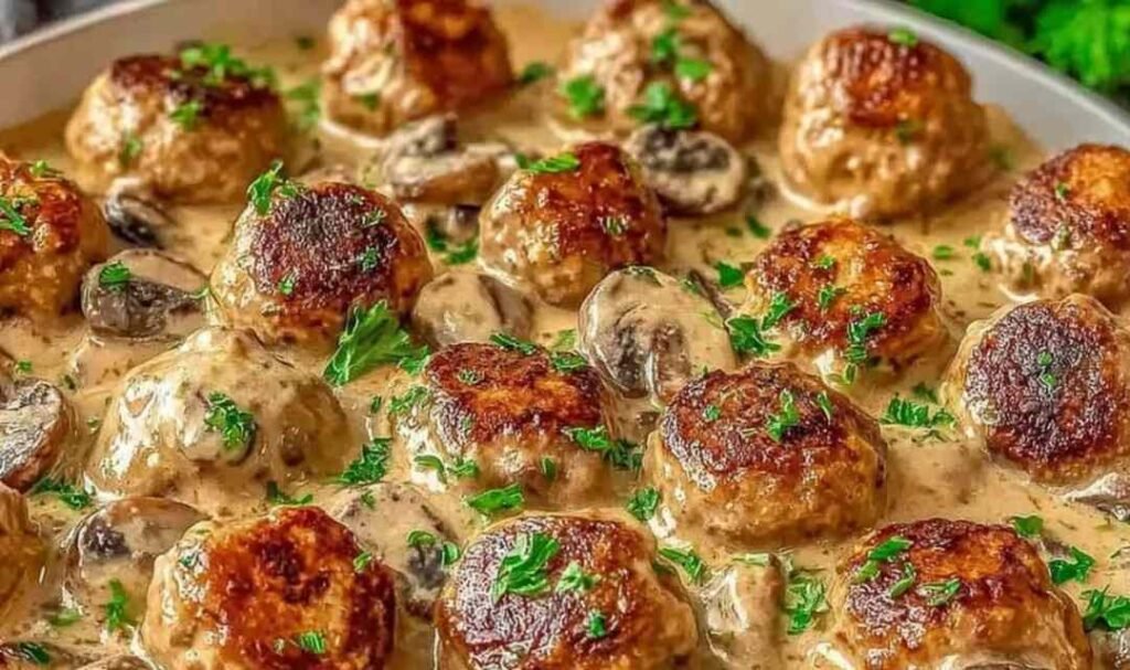 Creamy mushroom chicken meatballs in a skillet with garlic mushroom cream sauce and fresh parsley