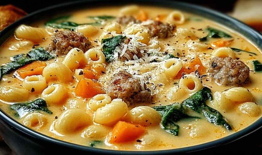 A steaming bowl of Creamy Parmesan Italian Sausage Ditalini Soup garnished with fresh parsley and extra Parmesan cheese