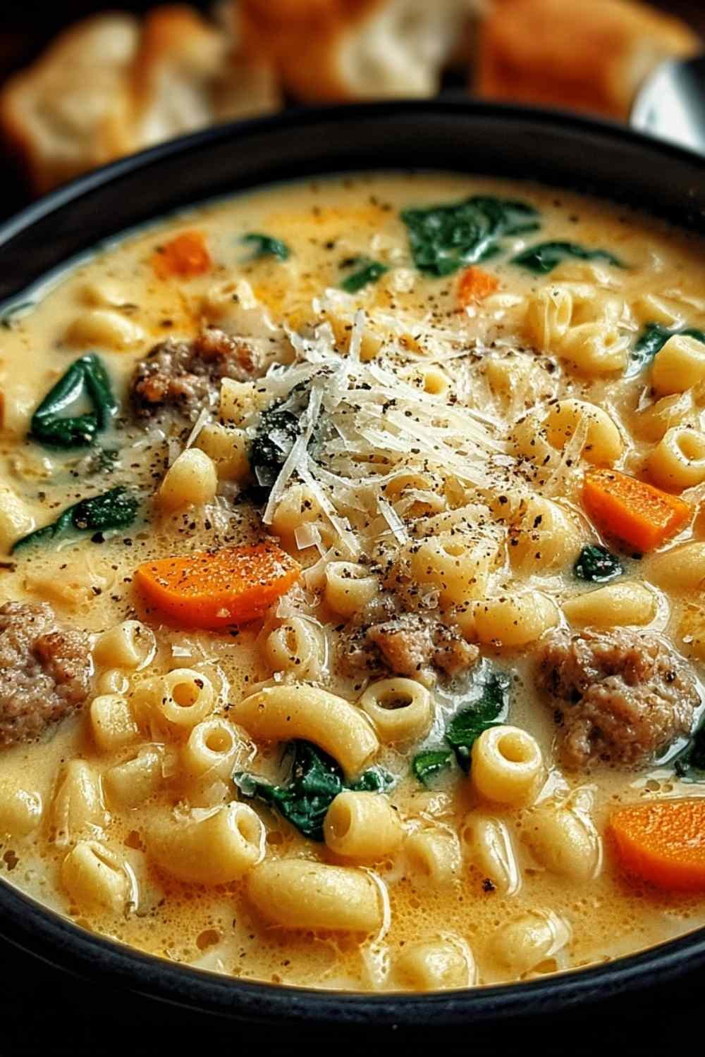 A steaming bowl of Creamy Parmesan Italian Sausage Ditalini Soup garnished with fresh parsley and extra Parmesan cheese