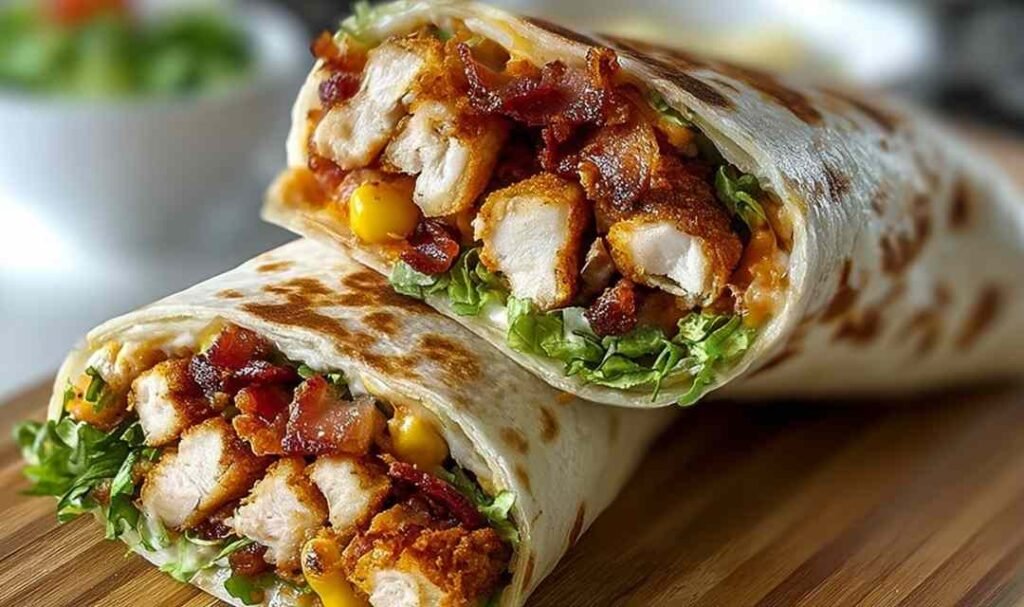 Crispy Chicken Bacon Wrap on a white plate garnished with fresh chopped parsley showing golden crispy bacon wrapped around juicy stuffed chicken