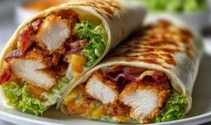 Crispy Chicken Bacon Wrap on a white plate garnished with fresh chopped parsley showing golden crispy bacon wrapped around juicy stuffed chicken