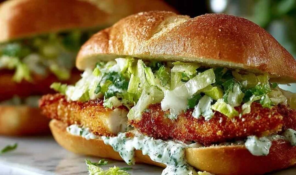 Crispy Chicken Caesar Sandwich on toasted brioche bun with golden fried chicken, homemade Caesar dressing, romaine, and shaved Parmesan