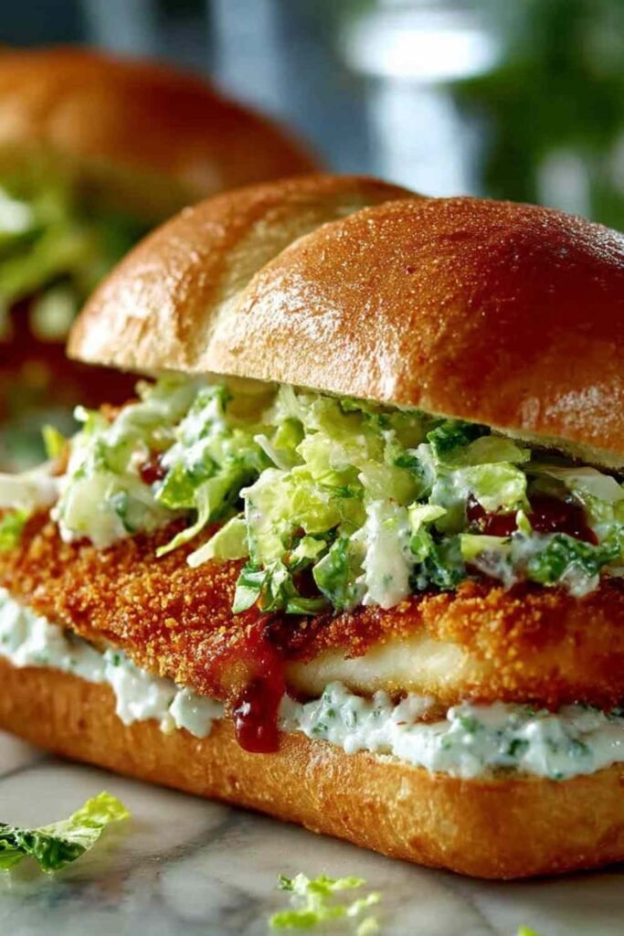 Crispy Chicken Caesar Sandwich on toasted brioche bun with golden fried chicken, homemade Caesar dressing, romaine, and shaved Parmesan