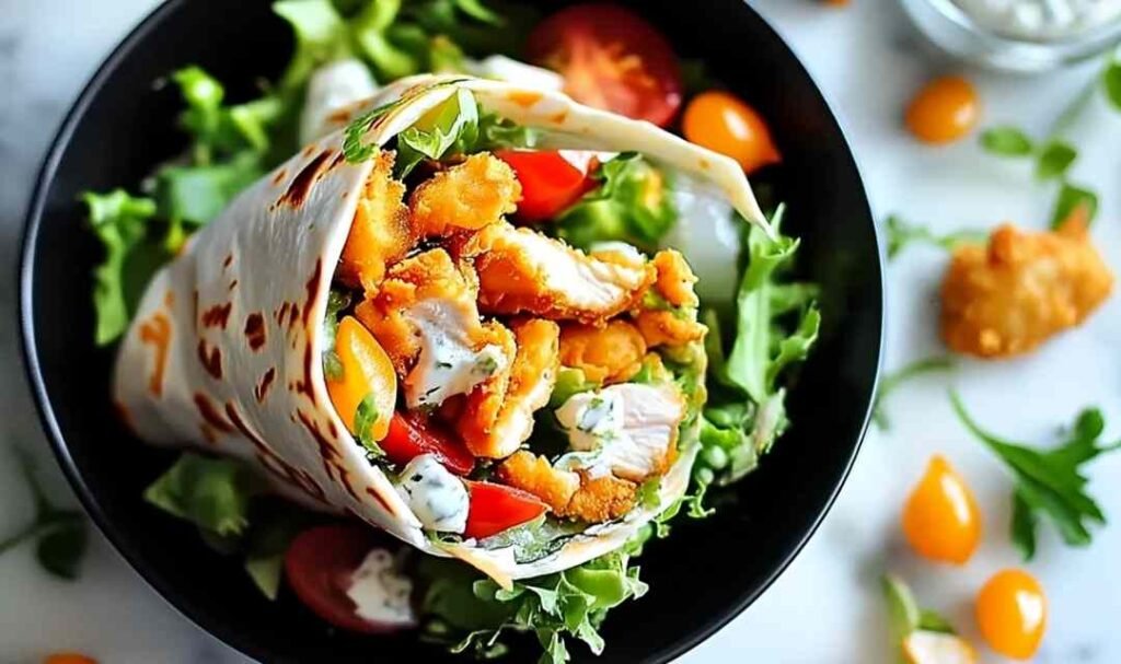 A crispy chicken ranch snack wrap sliced in half diagonally on a wooden board, showing the golden breaded chicken, melted cheddar, fresh lettuce, and ranch dressing inside