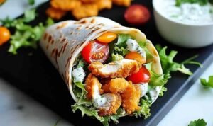 A crispy chicken ranch snack wrap sliced in half diagonally on a wooden board, showing the golden breaded chicken, melted cheddar, fresh lettuce, and ranch dressing inside