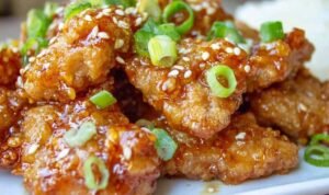 Crispy Chinese Honey Garlic Chicken on a white plate garnished with toasted sesame seeds and sliced green onions
