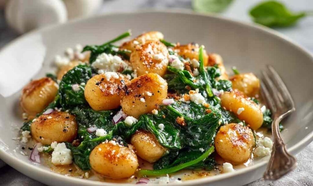Golden crispy gnocchi with spinach and feta cheese cooking in a skillet for quick weeknight dinner