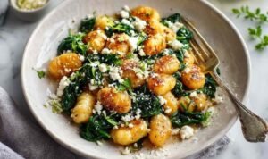 Golden crispy gnocchi with spinach and feta cheese cooking in a skillet for quick weeknight dinner