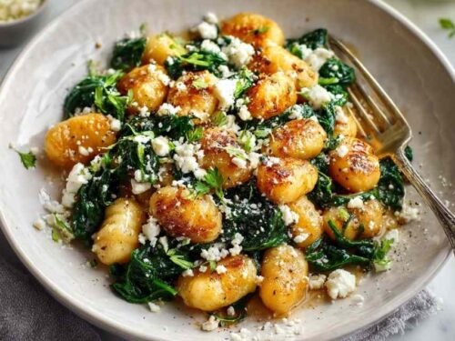 Golden crispy gnocchi with spinach and feta cheese cooking in a skillet for quick weeknight dinner