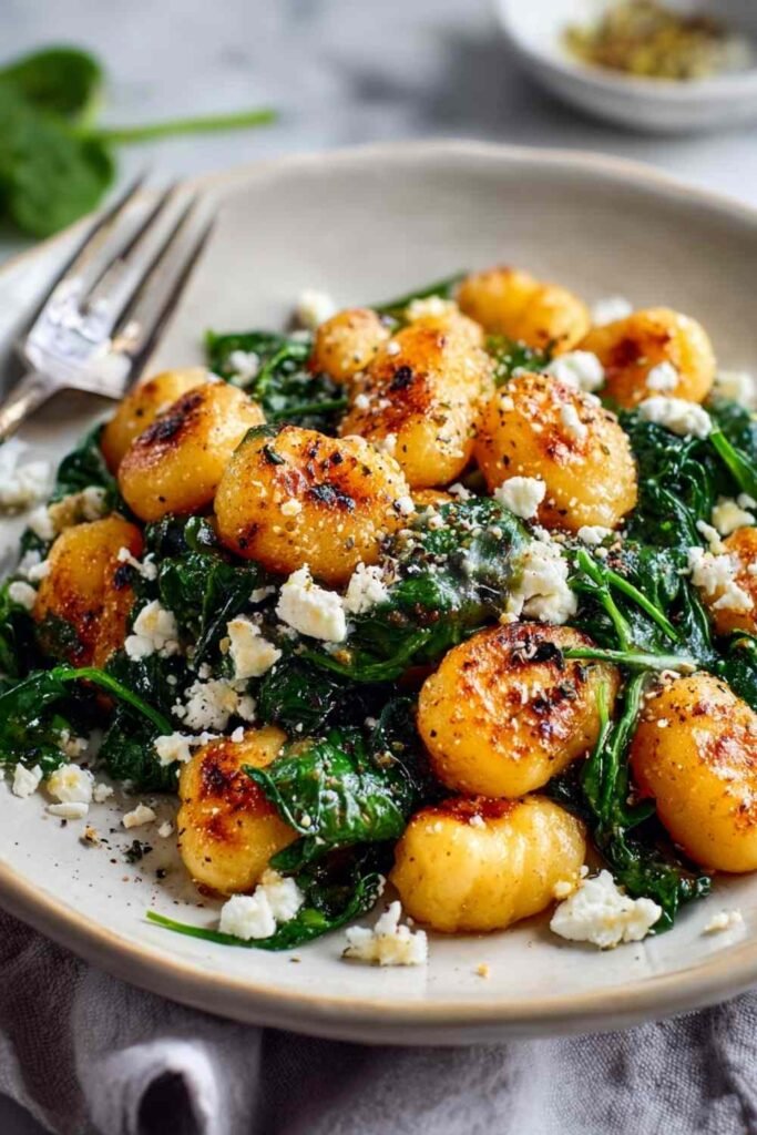 Golden crispy gnocchi with spinach and feta cheese cooking in a skillet for quick weeknight dinner