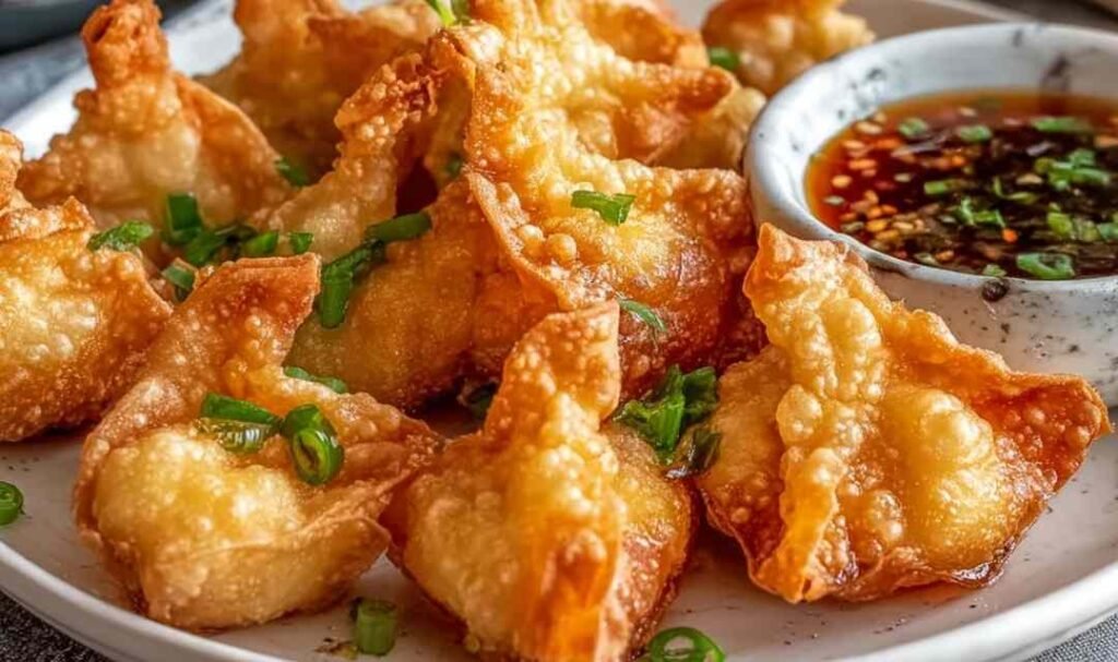 Crispy wonton-wrapped shrimp arranged on a white serving platter with a small bowl of sweet chili dipping sauce