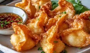 Crispy Wonton-Wrapped Shrimp Appetizer Crispy wonton-wrapped shrimp arranged on a white serving platter with a small bowl of sweet chili dipping sauce