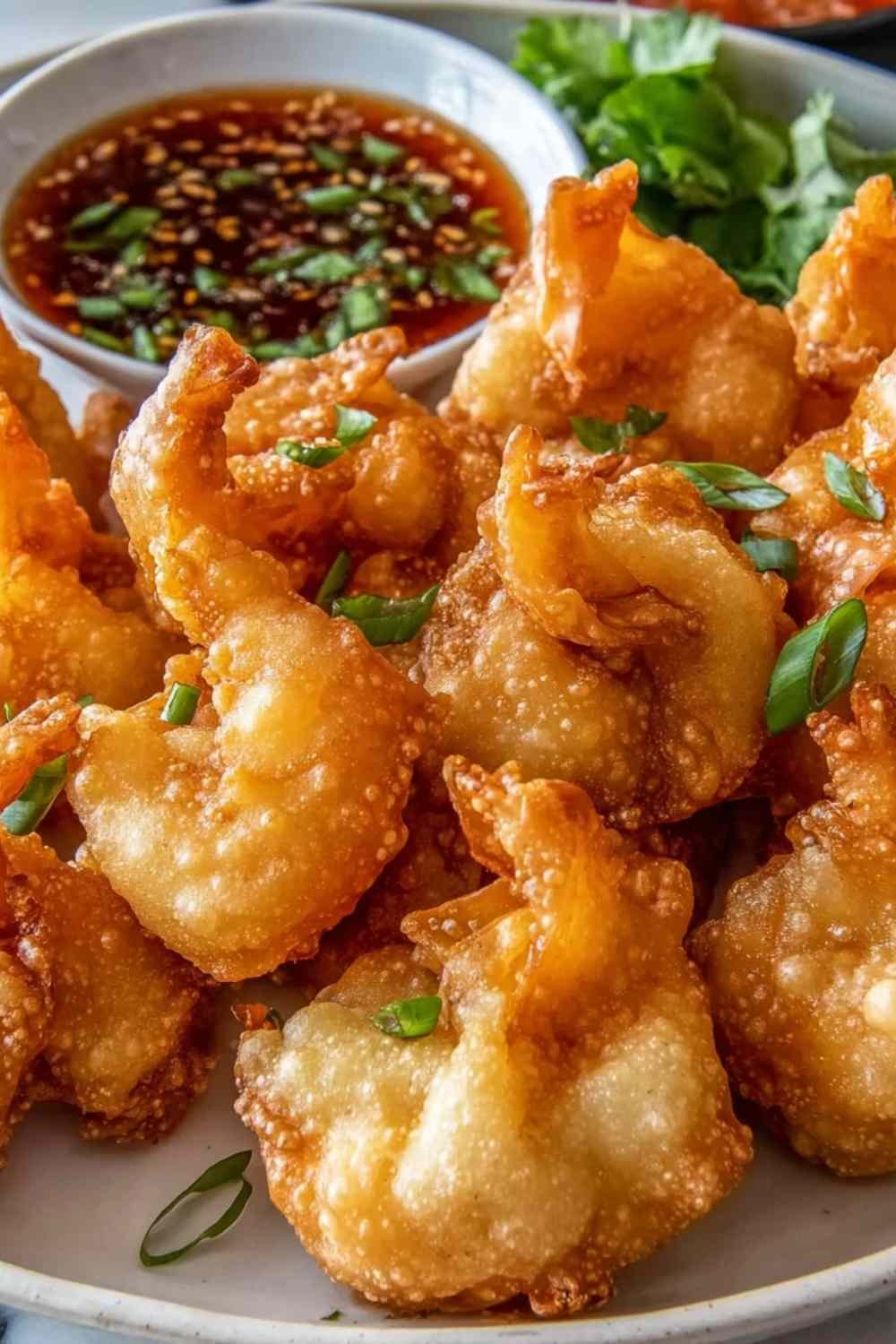 Crispy wonton-wrapped shrimp arranged on a white serving platter with a small bowl of sweet chili dipping sauce