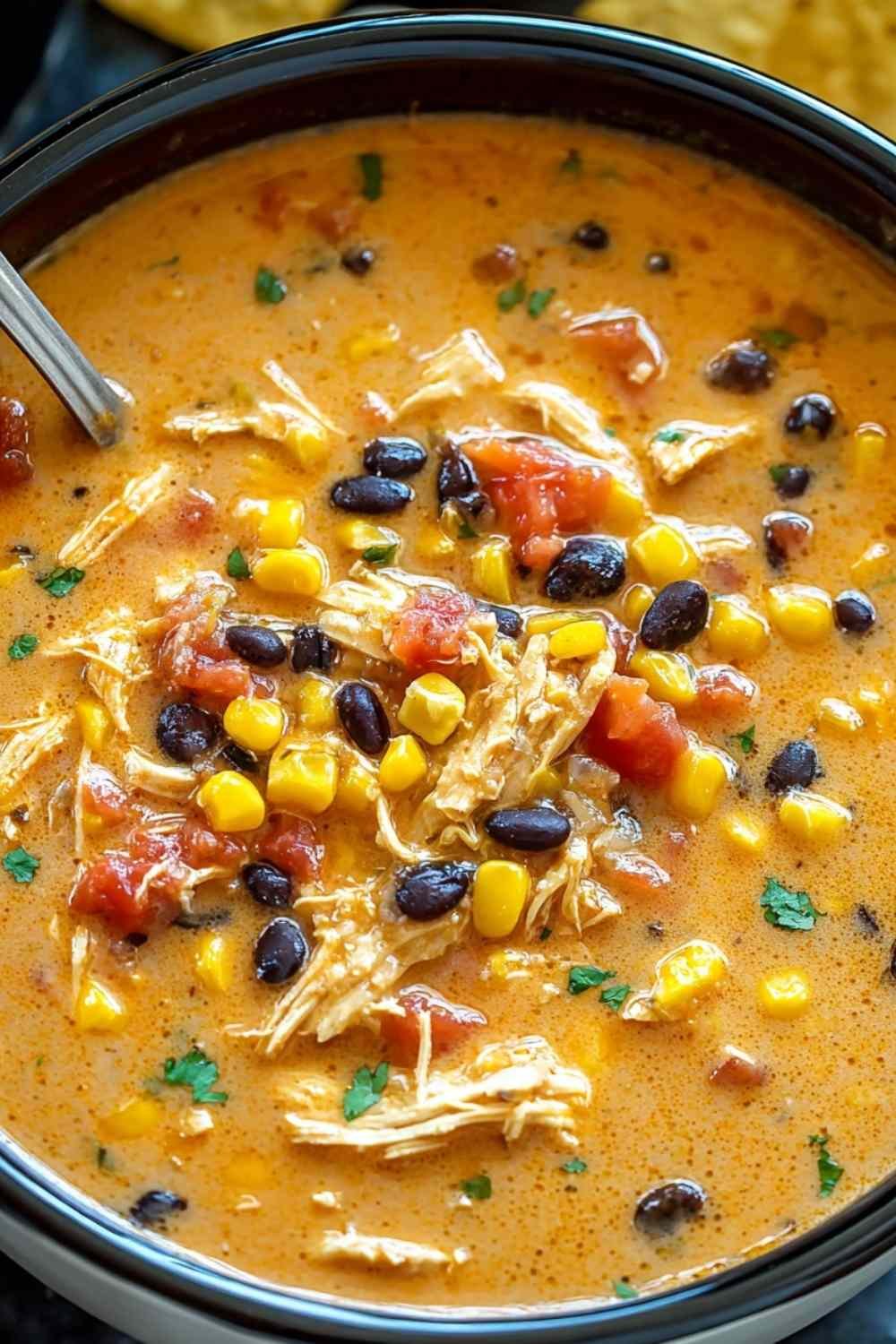 Crockpot chicken tortilla soup served in a bowl with crushed tortilla chips, shredded cheese, sour cream, and avocado
