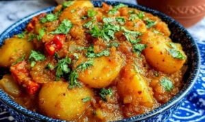 Overhead view of Persian Potato Curry Dopiazeh Aloo in a wide bowl with golden turmeric sauce, soft potato cubes, and fresh cilantro garnish alongside warm flatbread