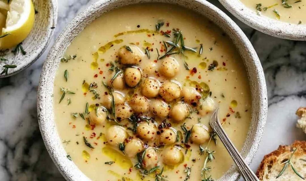 A steaming bowl of Easy Garlic Chickpea Soup drizzled with olive oil and topped with freshly cracked black pepper
