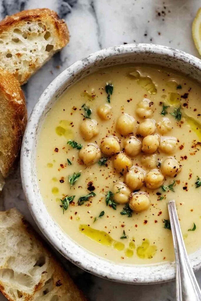 A steaming bowl of Easy Garlic Chickpea Soup drizzled with olive oil and topped with freshly cracked black pepper