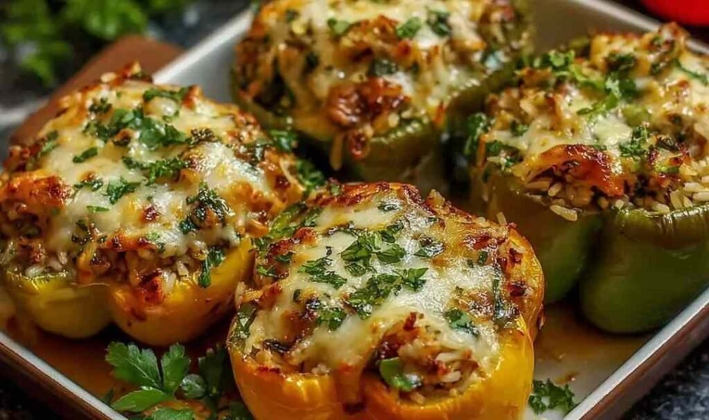 Vegetarian stuffed bell peppers with rice topped with golden melted cheese and fresh parsley in a white baking dish