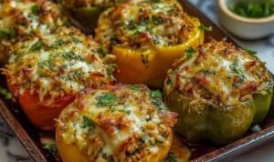 Vegetarian stuffed bell peppers with rice topped with golden melted cheese and fresh parsley in a white baking dish