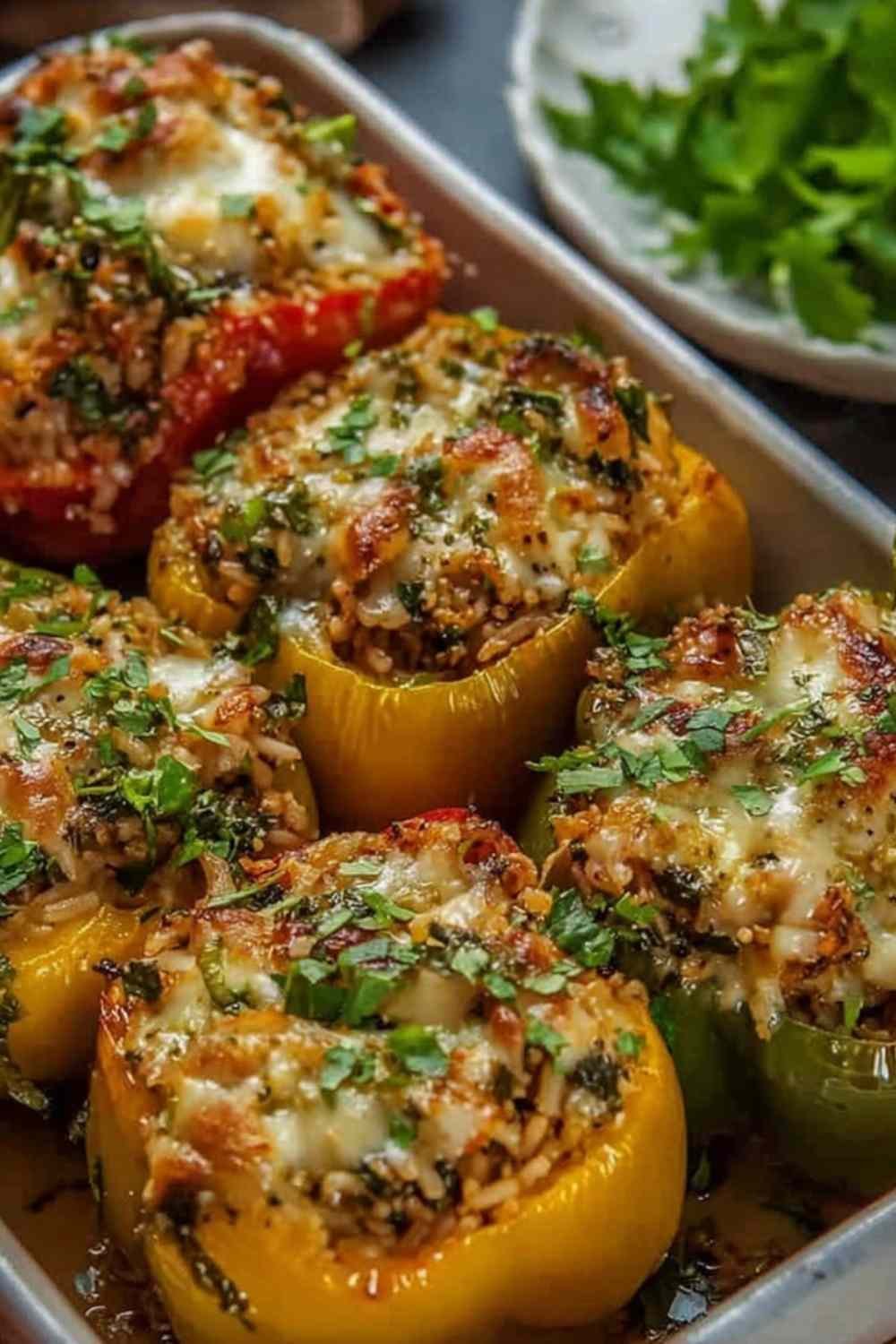 Vegetarian stuffed bell peppers with rice topped with golden melted cheese and fresh parsley in a white baking dish