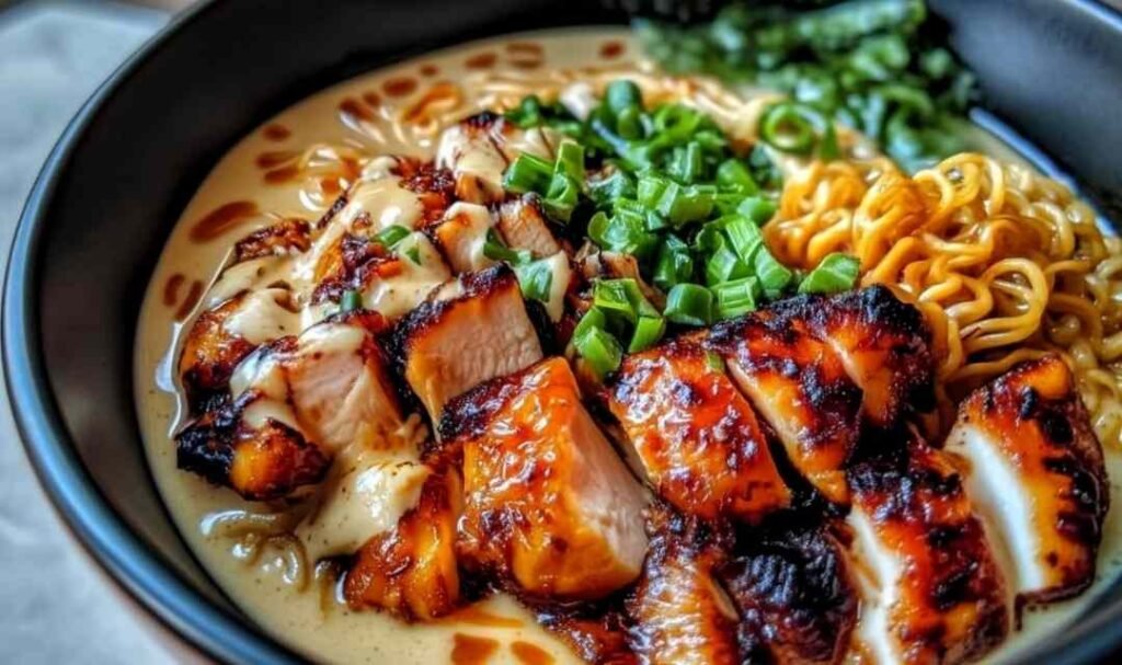 Fiery Chicken Ramen with Creamy Garlic Sauce in a Bowl