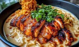 Fiery Chicken Ramen with Creamy Garlic Sauce in a Bowl