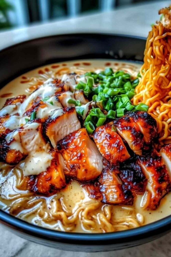 Fiery Chicken Ramen with Creamy Garlic Sauce in a Bowl