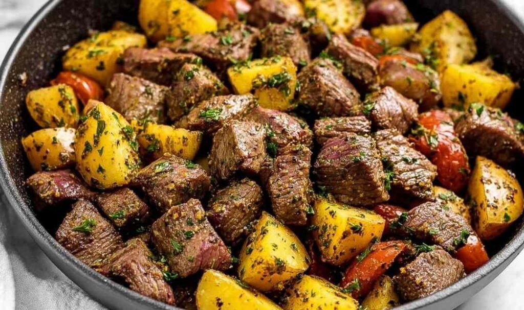Garlic butter steak bites with baby potatoes and fresh herbs in a cast iron skillet ready to serve