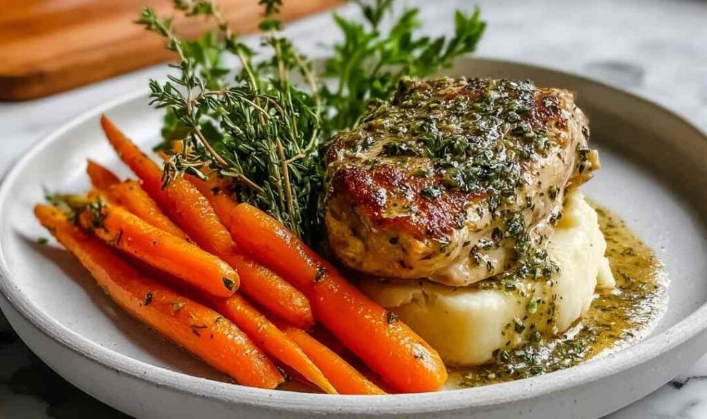 Garlic herb chicken and carrot plate served hot with fresh parsley garnish