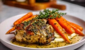 Garlic herb chicken and carrot plate served hot with fresh parsley garnish