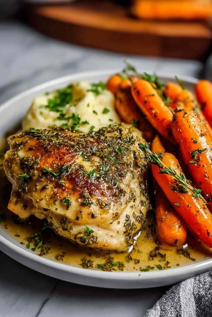 Garlic herb chicken and carrot plate served hot with fresh parsley garnish