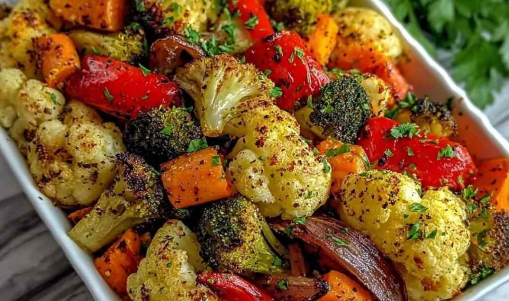 Garlic roasted vegetables with broccoli, cauliflower, carrots, and bell peppers on a baking sheet with golden caramelized edges and fresh garlic