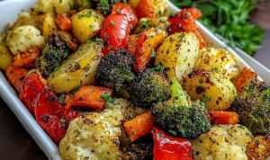 Garlic roasted vegetables with broccoli, cauliflower, carrots, and bell peppers on a baking sheet with golden caramelized edges and fresh garlic