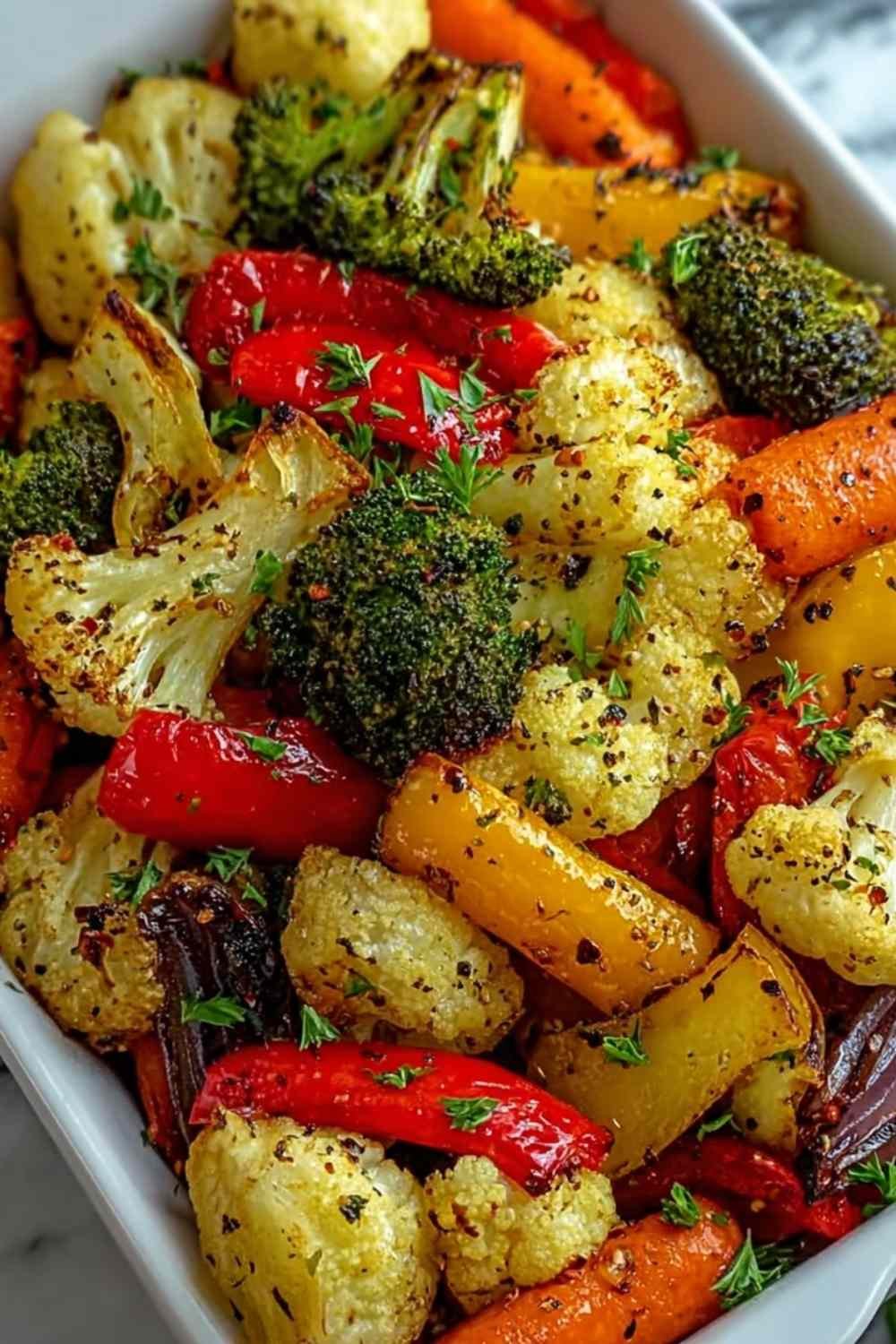Garlic roasted vegetables with broccoli, cauliflower, carrots, and bell peppers on a baking sheet with golden caramelized edges and fresh garlic