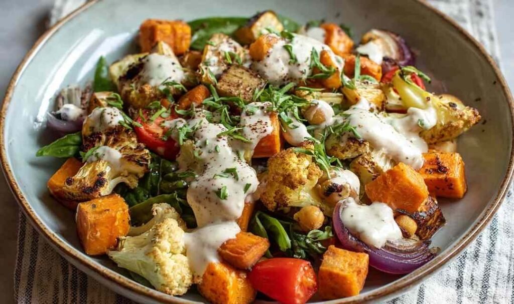 Glow bowl recipe with roasted cauliflower carrots sweet potatoes chickpeas and tahini yogurt sauce in white bowl