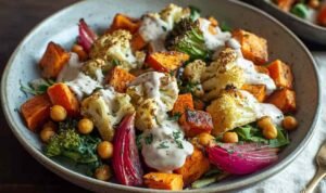 Glow Bowl Recipe: Roasted Veggie & Tahini Yogurt Sauce Glow bowl recipe with roasted cauliflower carrots sweet potatoes chickpeas and tahini yogurt sauce in white bowl