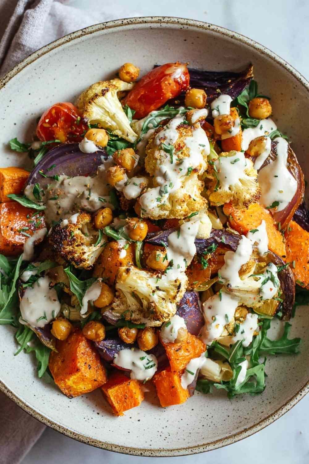 Glow bowl recipe with roasted cauliflower carrots sweet potatoes chickpeas and tahini yogurt sauce in white bowl