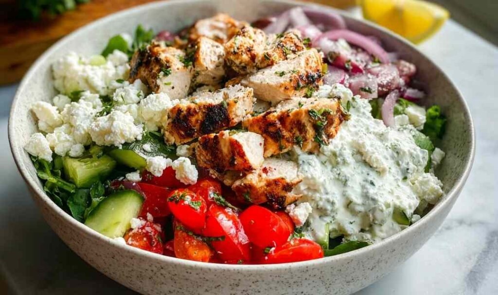Greek chicken bowls with marinated chicken, fresh vegetables, rice, feta cheese, and tzatziki sauce