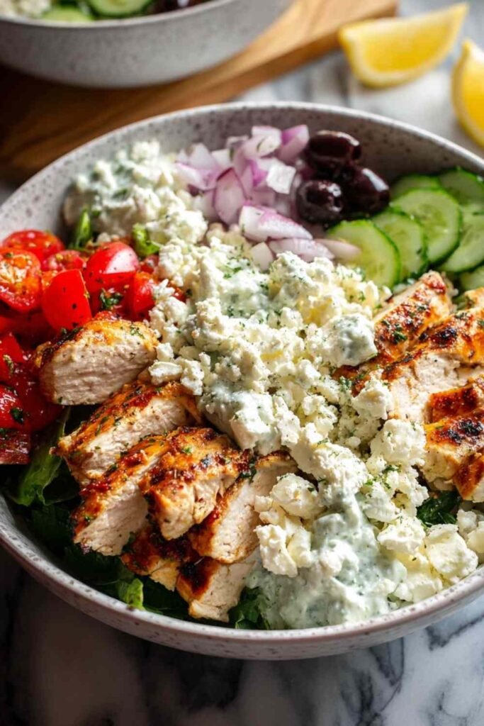 Greek chicken bowls with marinated chicken, fresh vegetables, rice, feta cheese, and tzatziki sauce