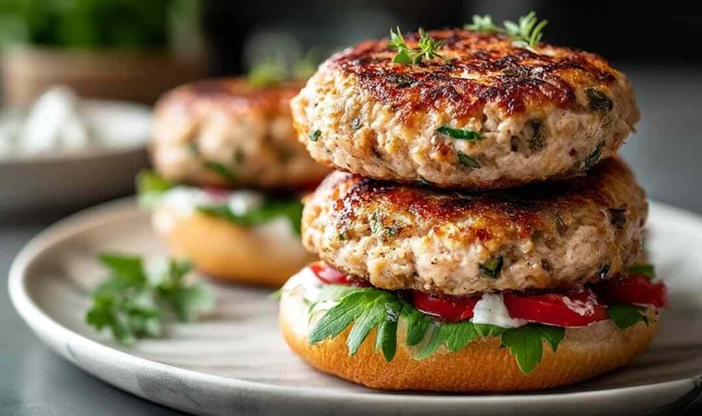 Greek Chicken Burgers on toasted buns with tzatziki sauce, crumbled feta cheese, and fresh vegetables